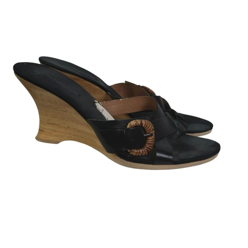 Vintage Y2K Black Leather Wedge Mule Sandals Heels 10